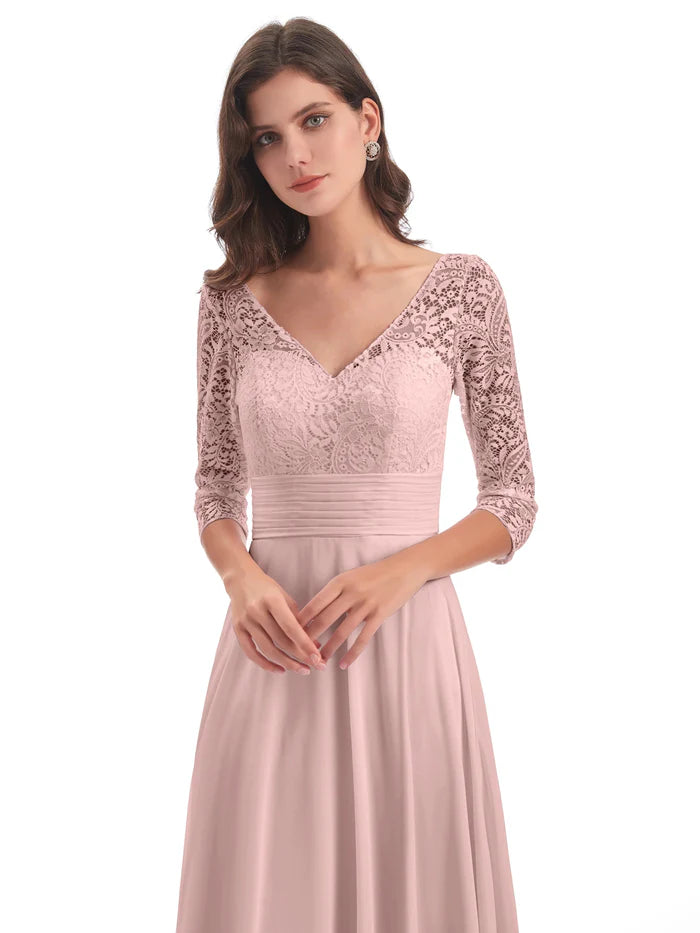 3/4 Length Sleeves V-Neck Lace Mother of the Bride Dresses