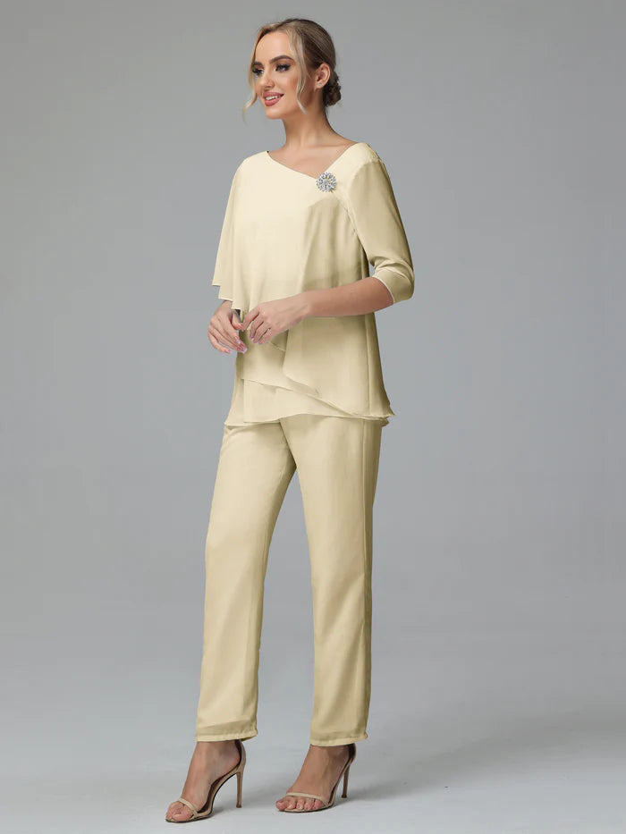 Half Sleeves Chiffon Mother Of The Bride Dress Pant Suits