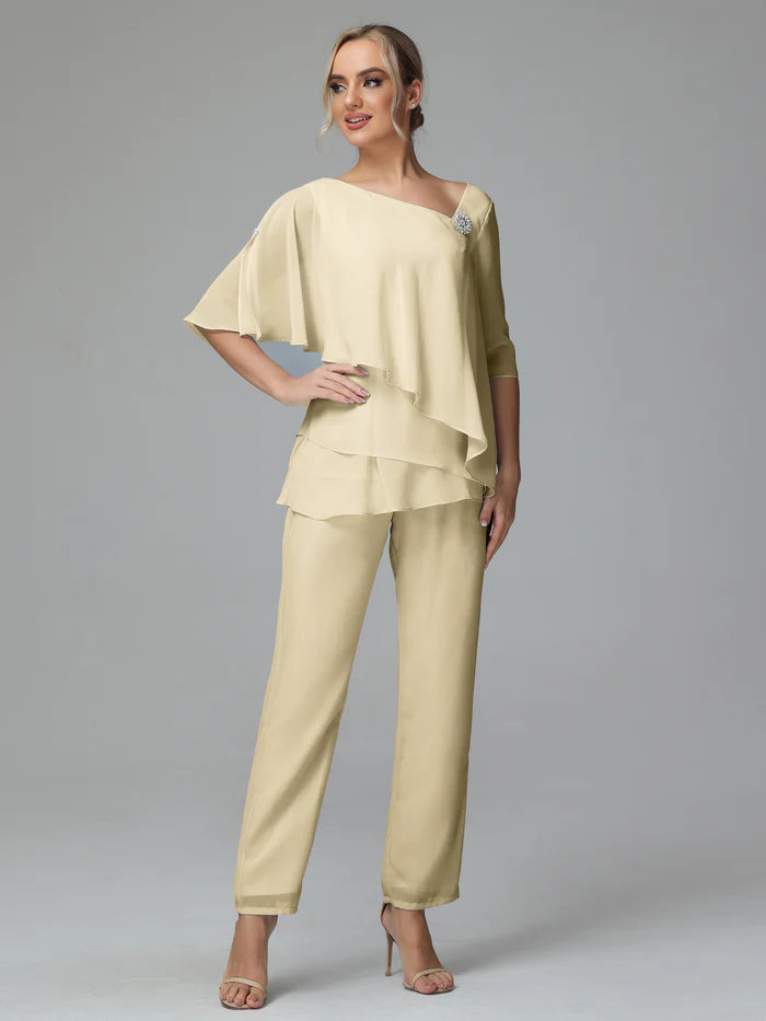 Half Sleeves Chiffon Mother Of The Bride Dress Pant Suits