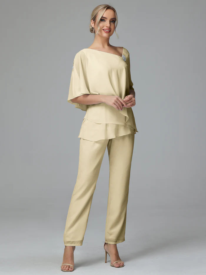 Half Sleeves Chiffon Mother Of The Bride Dress Pant Suits