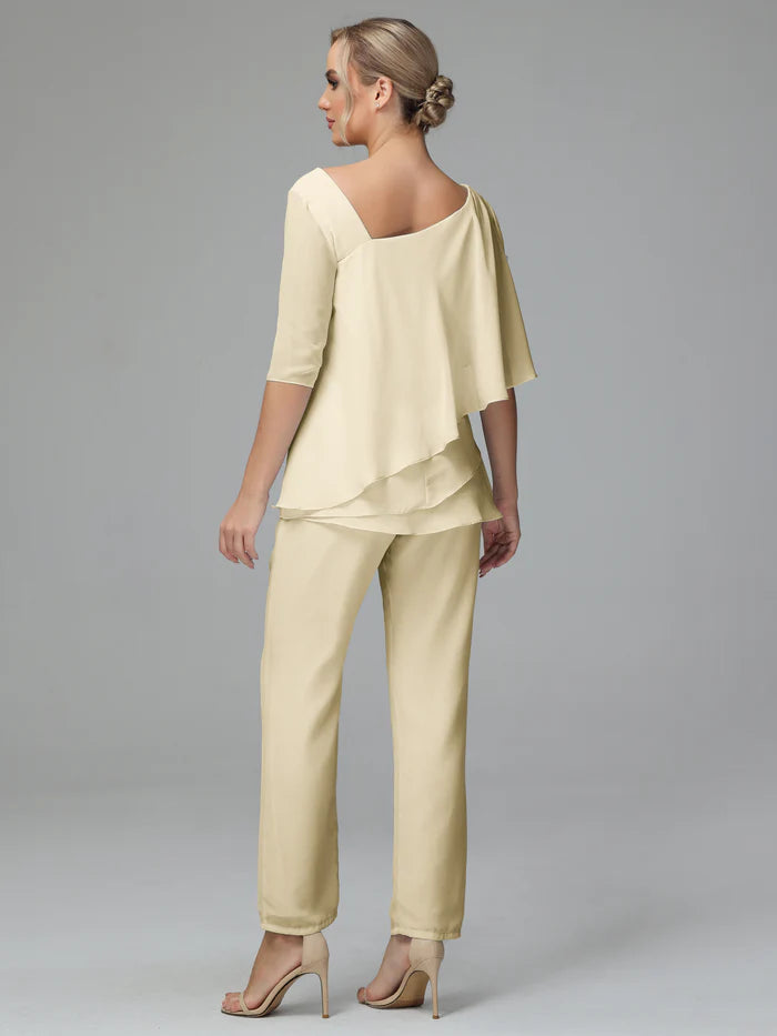 Half Sleeves Chiffon Mother Of The Bride Dress Pant Suits