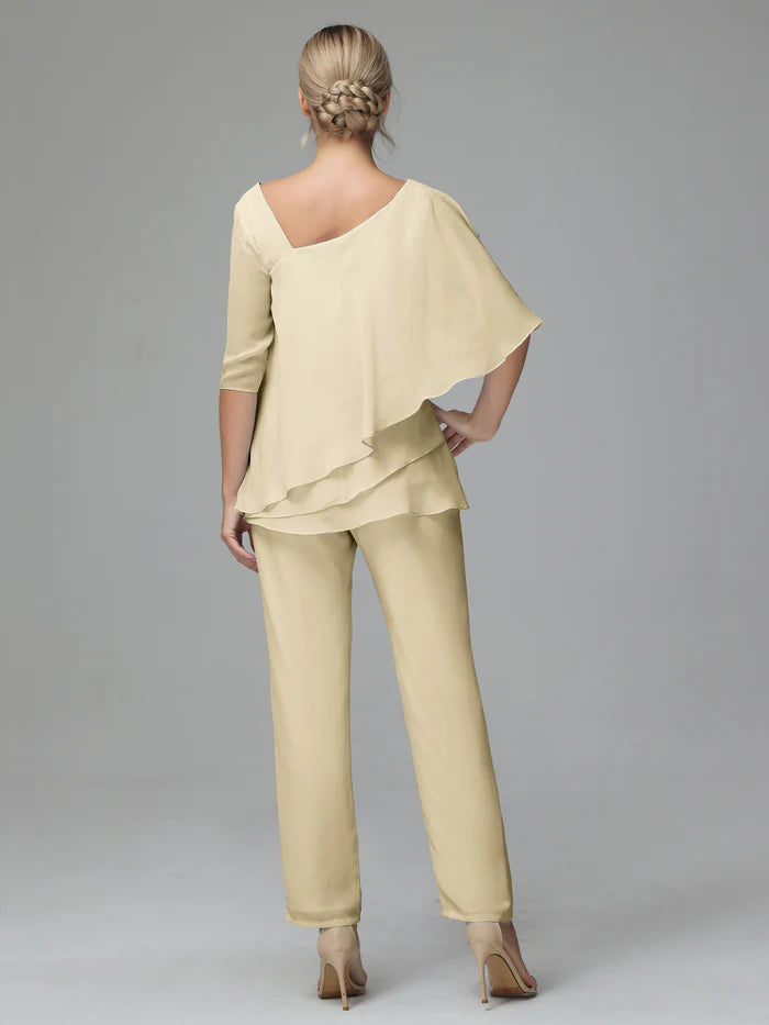 Half Sleeves Chiffon Mother Of The Bride Dress Pant Suits