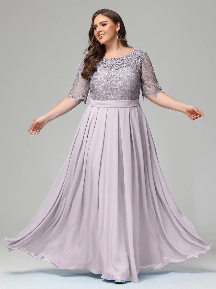 Illussion Neckline and Back Half Sleeves Scoop Lace Plus Size Bridesmaid Dresses