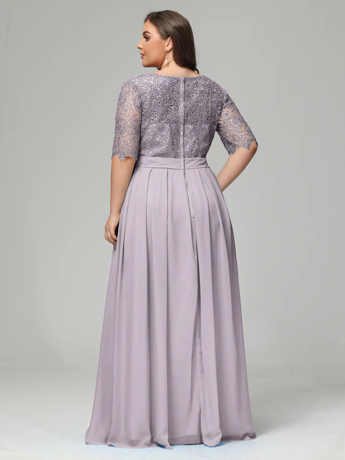 Illussion Neckline and Back Half Sleeves Scoop Lace Plus Size Bridesmaid Dresses