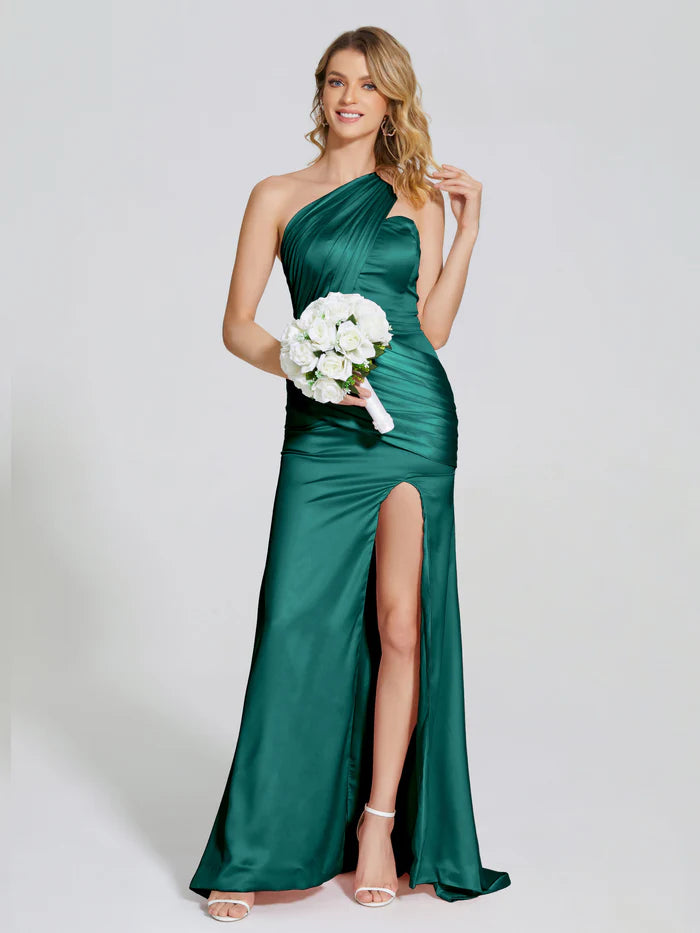 One-Shoulder Trumpet Pleated Soft Satin Prom Dress