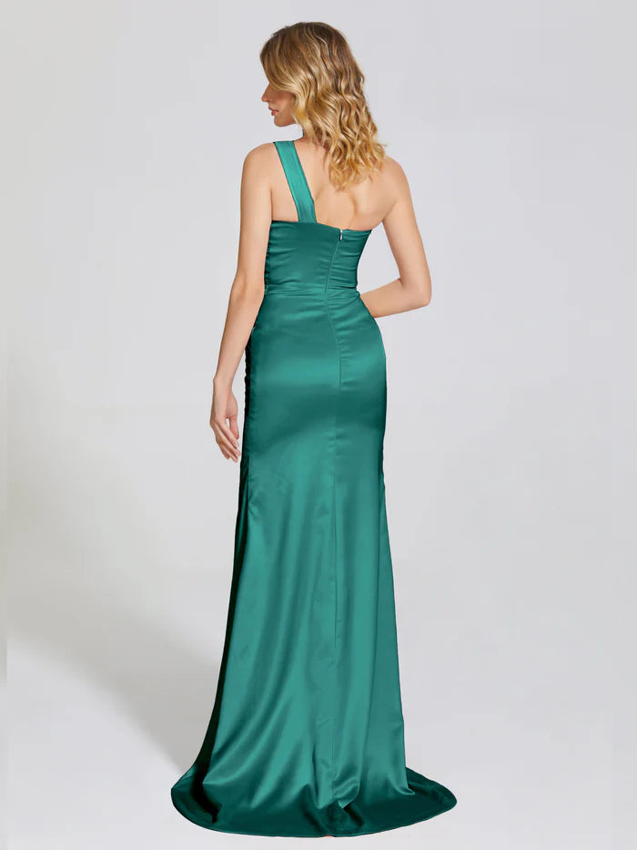 One-Shoulder Trumpet Pleated Soft Satin Prom Dress