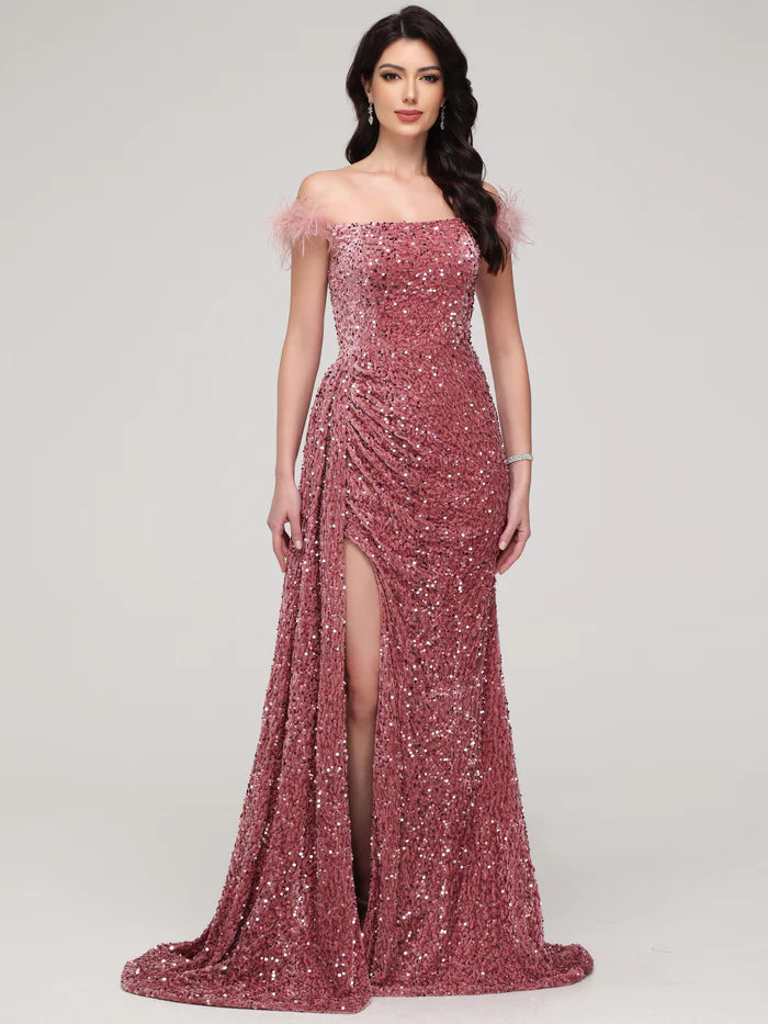 Sheath/Column Off-the-shoulder Velvet Sequins Prom Dress with Feather