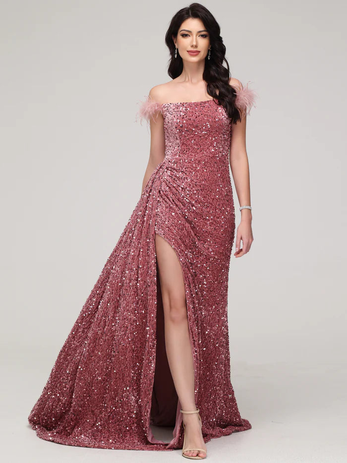 Sheath/Column Off-the-shoulder Velvet Sequins Prom Dress with Feather