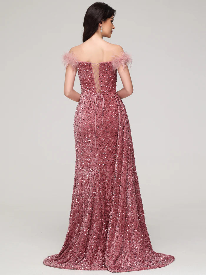 Sheath/Column Off-the-shoulder Velvet Sequins Prom Dress with Feather