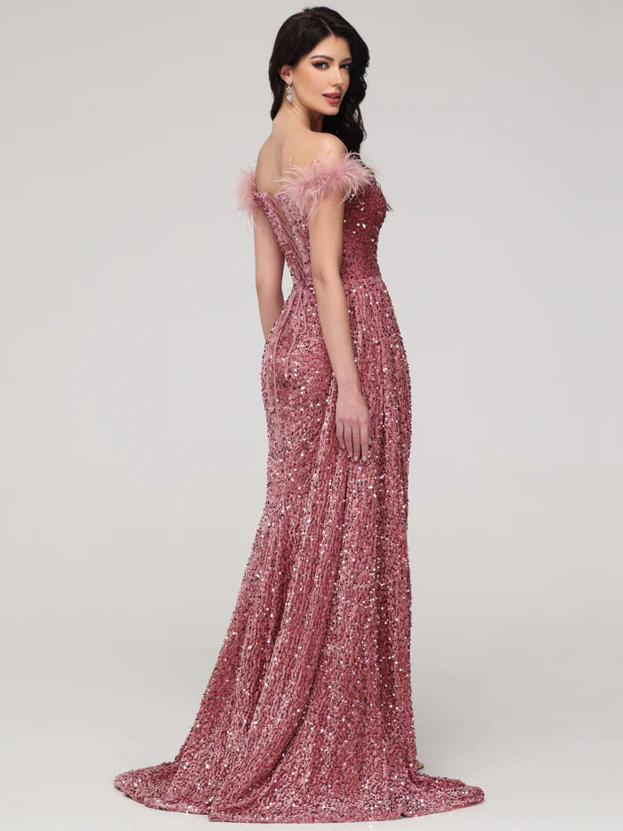 Sheath/Column Off-the-shoulder Velvet Sequins Prom Dress with Feather