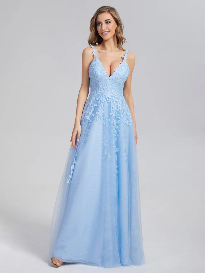 V-neck Backless Appliques Prom Dresses