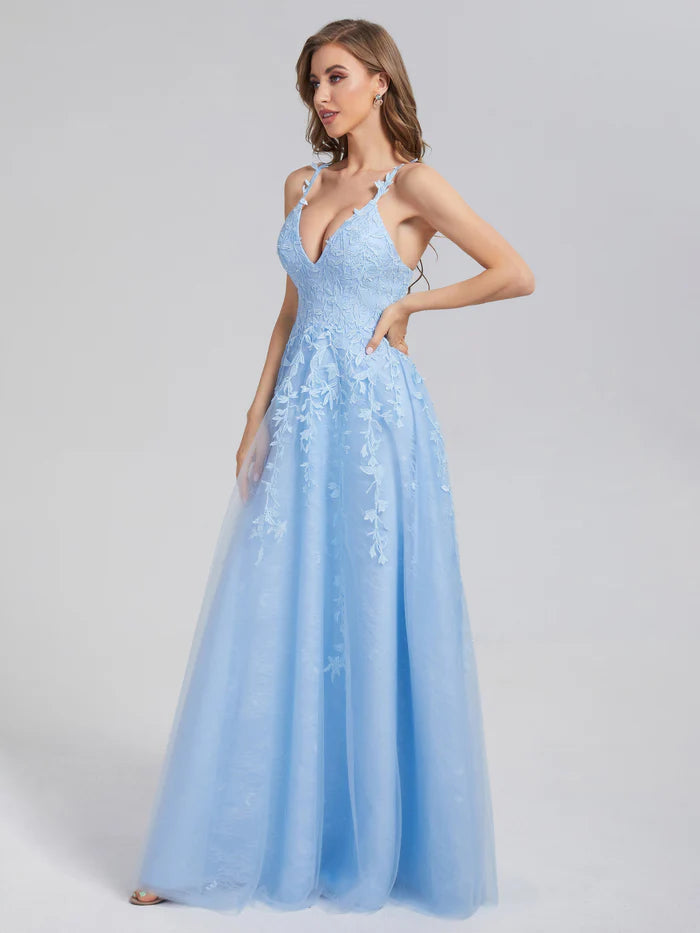 V-neck Backless Appliques Prom Dresses