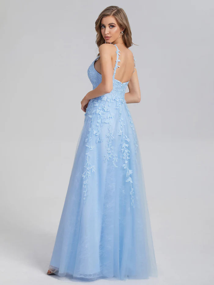 V-neck Backless Appliques Prom Dresses