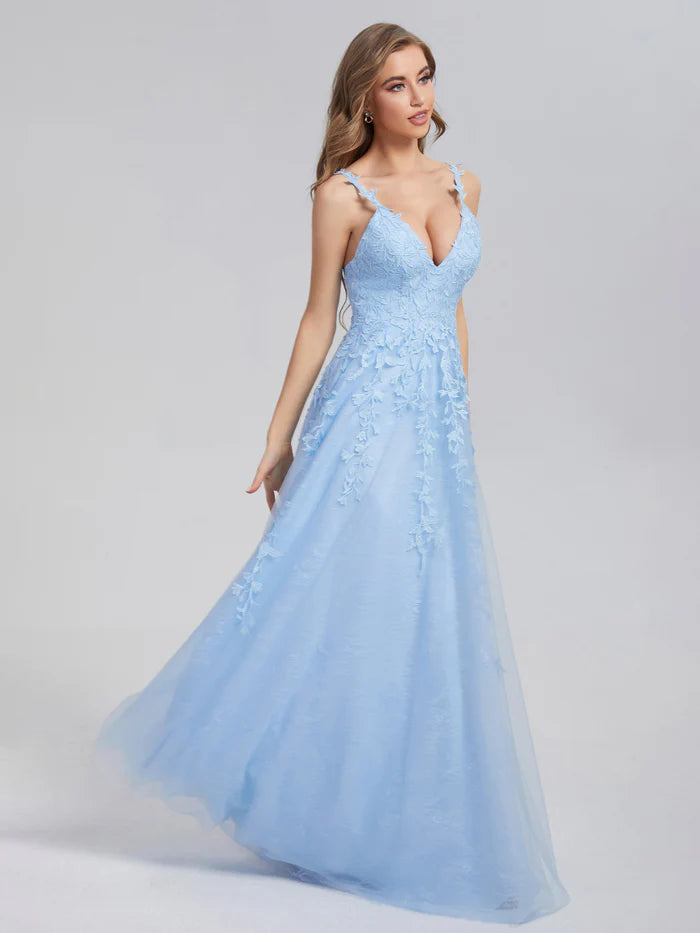 V-neck Backless Appliques Prom Dresses