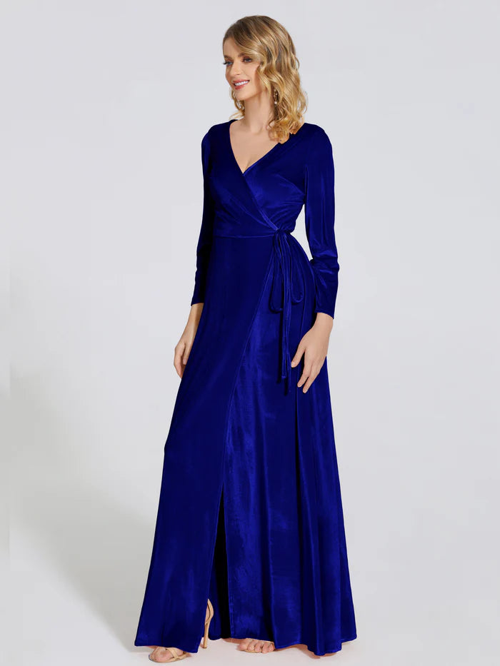 Long Sleeves V Neck Velvet Prom Dress With Sleeves