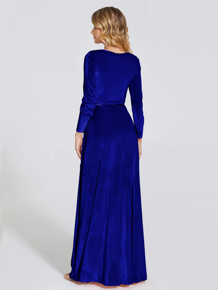 Long Sleeves V Neck Velvet Prom Dress With Sleeves